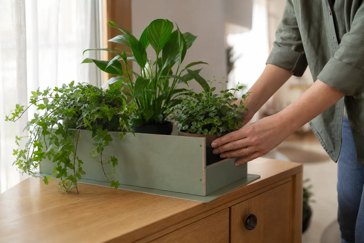 Bac en bois décoratif accueillant trois plantes d’intérieur dans un salon lumineux