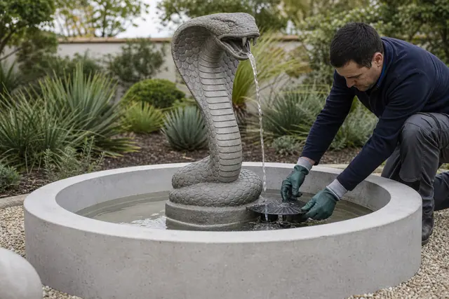 Fontaine cobra en ciment installée dans un bassin circulaire de jardin