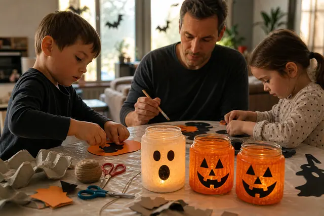Enfants décorant des bocaux et silhouettes Halloween sur une table protégée.