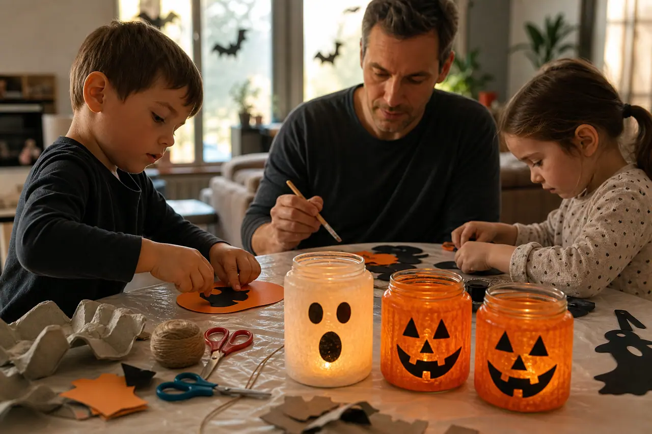Enfants décorant des bocaux et silhouettes Halloween sur une table protégée.