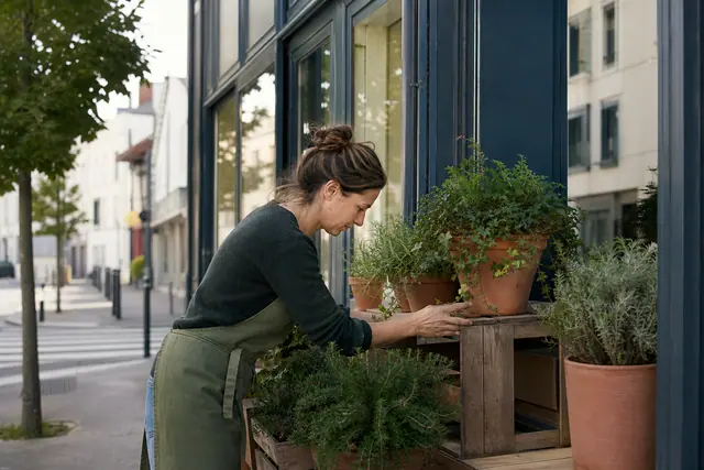Commerçante disposant des bacs et un décor durable devant une vitrine.