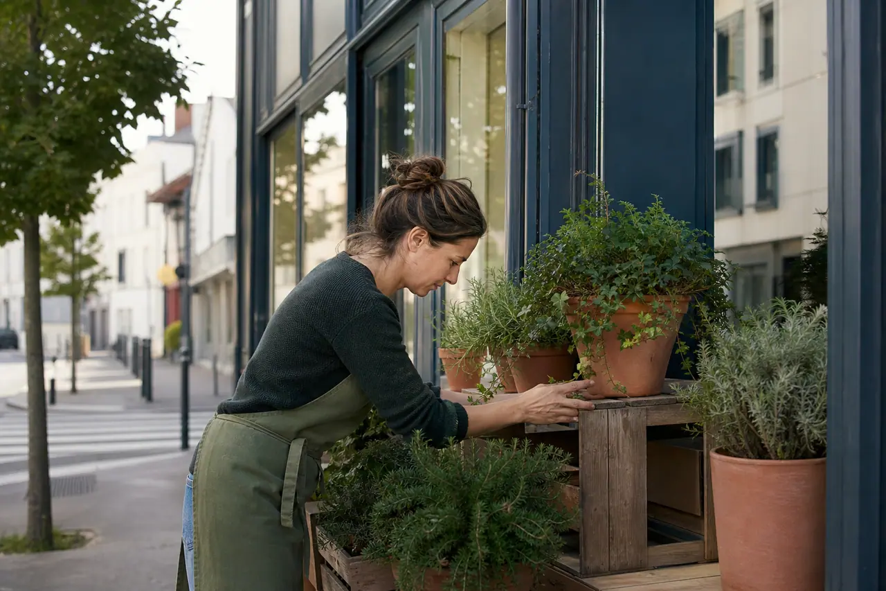 Commerçante disposant des bacs et un décor durable devant une vitrine.