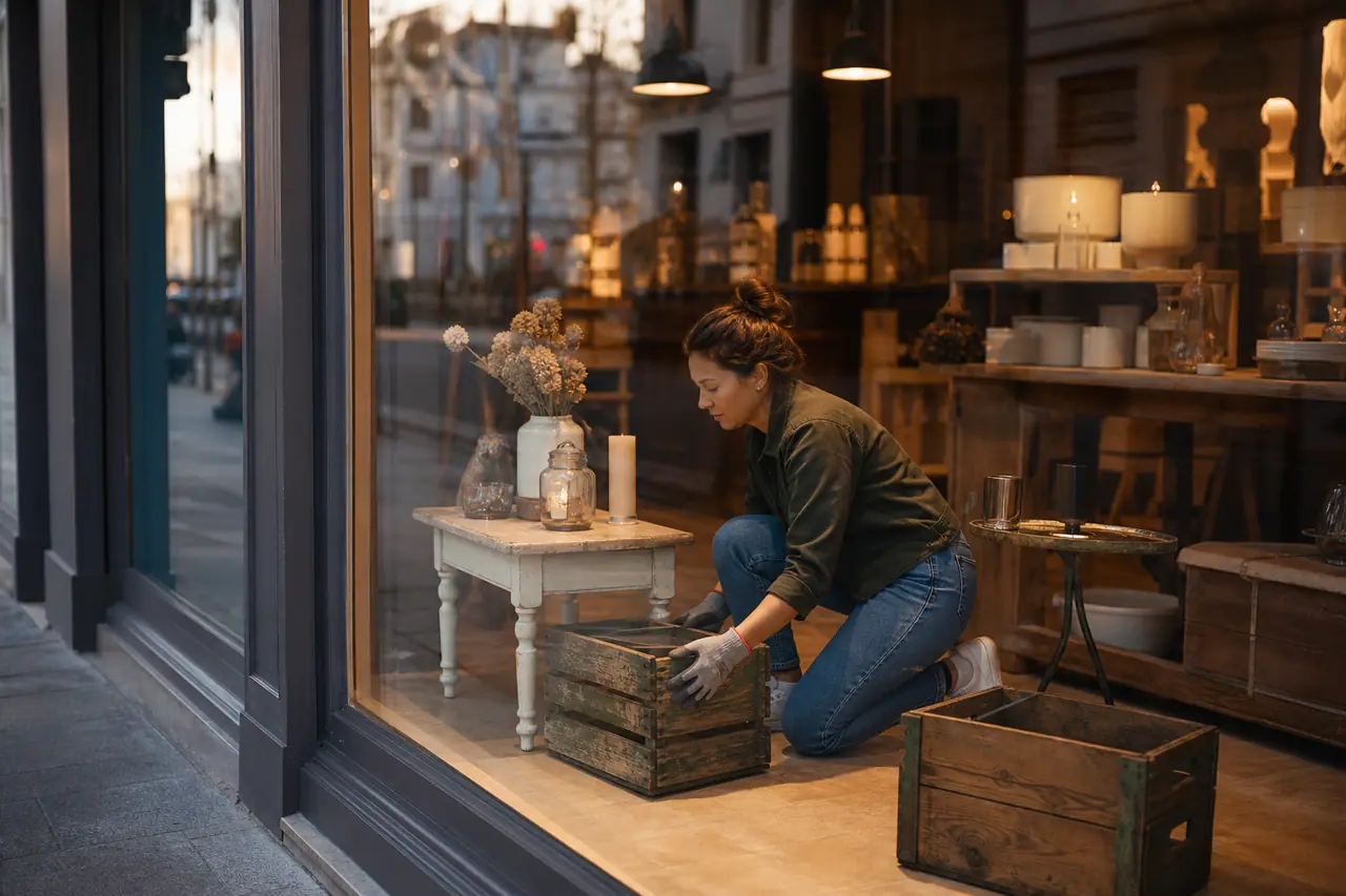 Vitrine de boutique aménagée avec caisses en bois et petit mobilier récupéré.