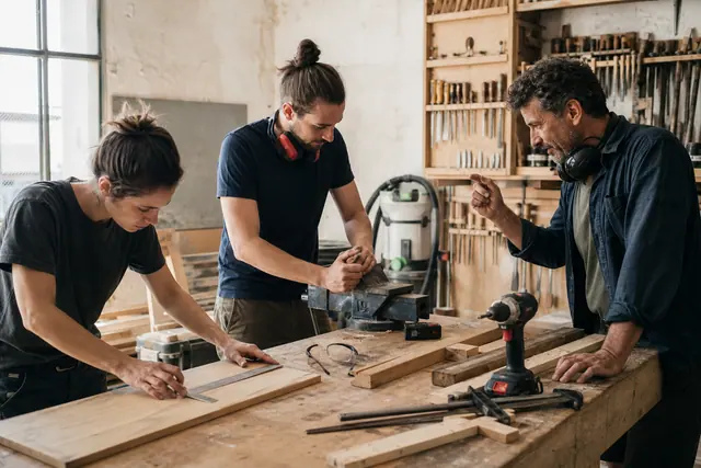 Bénévoles préparent une planche sur un établi dans un atelier partagé.