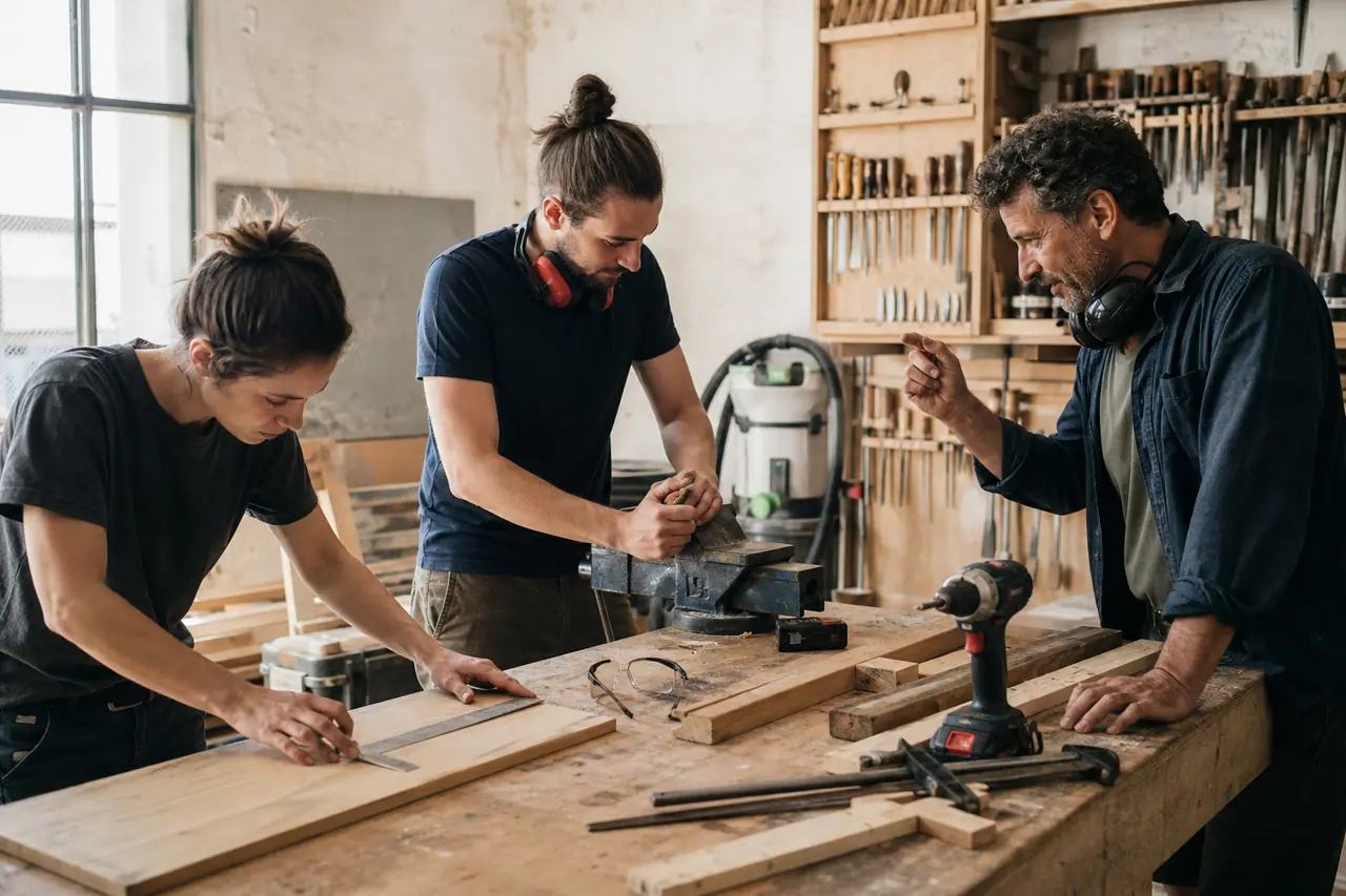 Bénévoles préparent une planche sur un établi dans un atelier partagé.