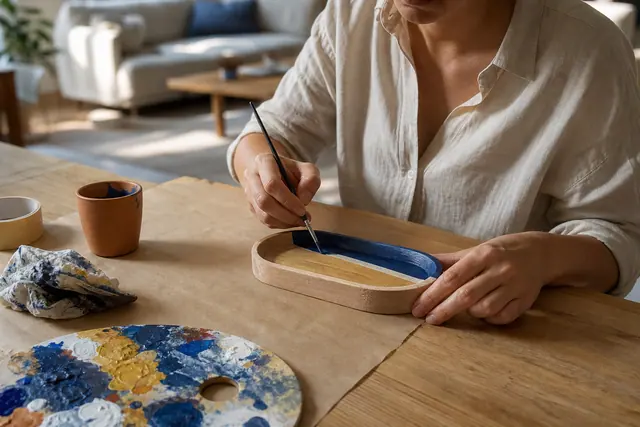 Personne décorant un vide-poche en bois avec de la peinture acrylique