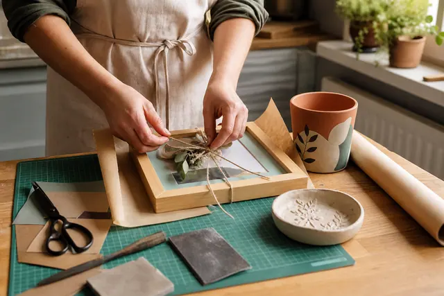 Cadeaux DIY personnalisés posés sur une table de travail lumineuse.
