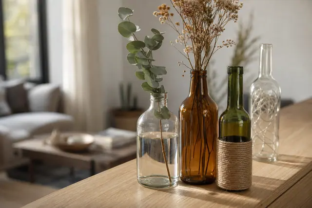 Trio de bouteilles recyclées décorées en vases sur une console en bois.