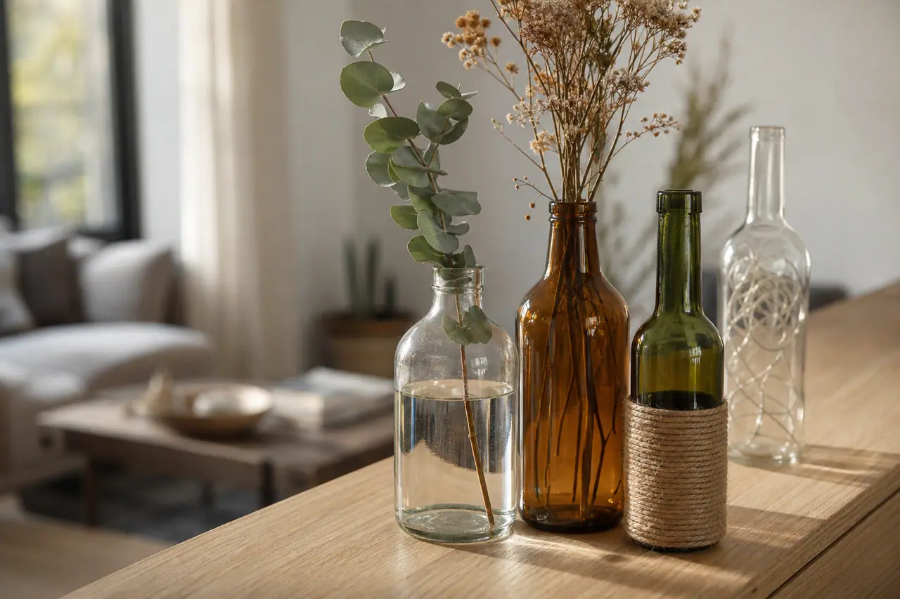 Trio de bouteilles recyclées décorées en vases sur une console en bois.