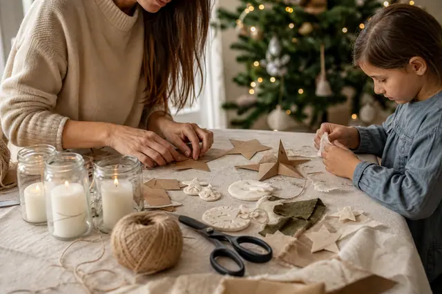 Adulte et enfant fabriquant des décorations de Noël en papier et pâte à sel.
