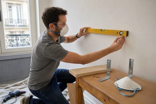 Bricoleur équipé préparant une petite étagère en bois dans un appartement lumineux.