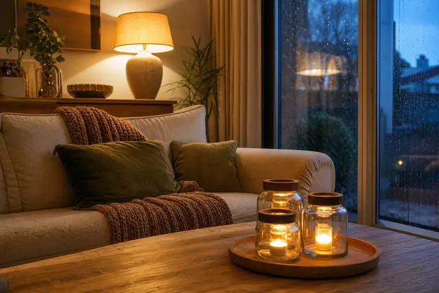 Salon chaleureux avec plaids, lampes douces et photophores en bocaux allumés.