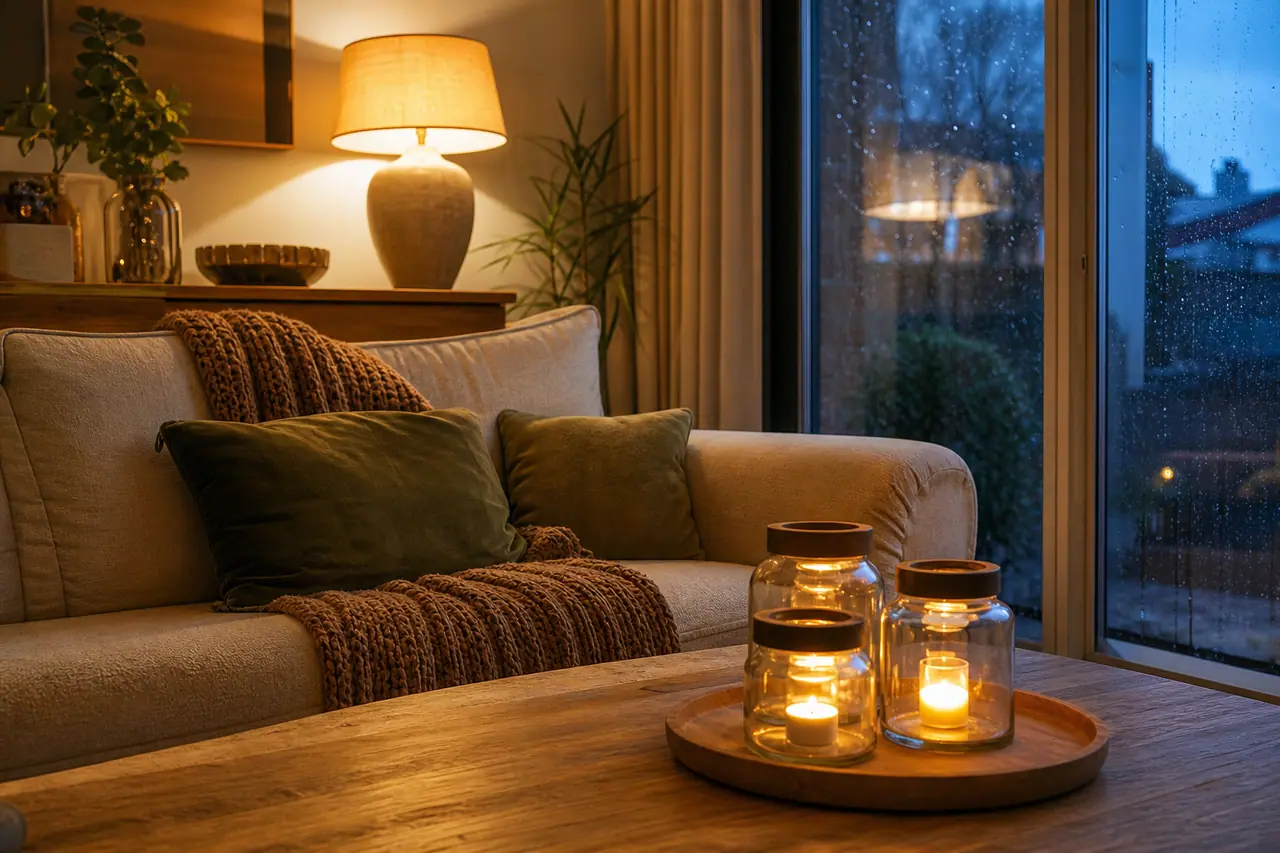 Salon chaleureux avec plaids, lampes douces et photophores en bocaux allumés.