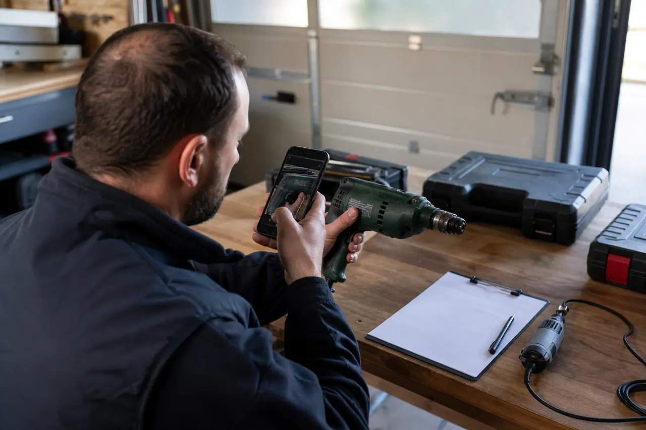 Particulier photographiant le numéro de série d’une perceuse dans son garage.