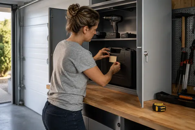 Bricoleuse rangeant des outils identifiés dans une armoire métallique verrouillable de garage.