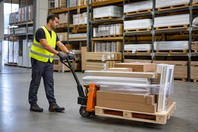 Préparateur déplaçant des matériaux de bricolage sur palettes dans un entrepôt
