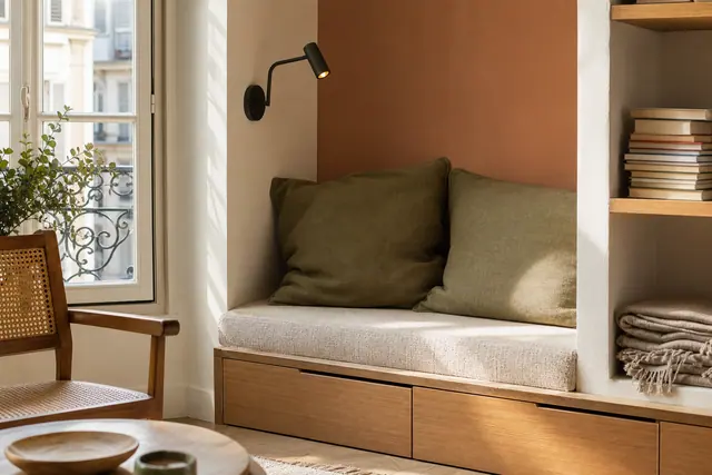 Banquette de lecture en bois avec rangements intégrés près d’une fenêtre.