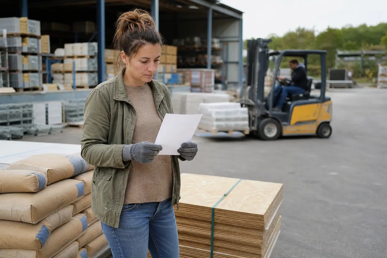 Préparation d’une commande de matériaux dans la cour d’un négoce local.