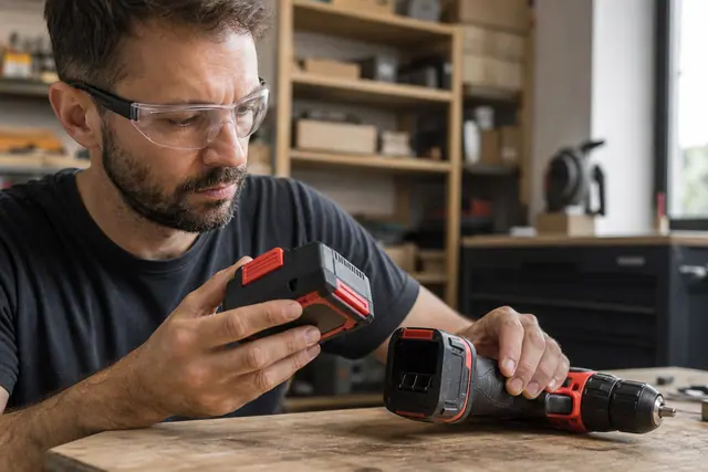 Bricoleur comparant une batterie sans fil au logement d’une perceuse sur établi.