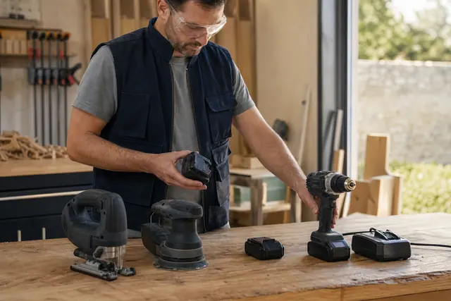 Bricoleur organisant perceuse, scie, ponceuse et batteries identiques sur un établi.
