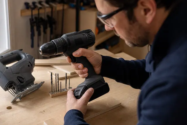 Bricoleur vérifiant une perceuse-visseuse sur un établi avec scie et forets.