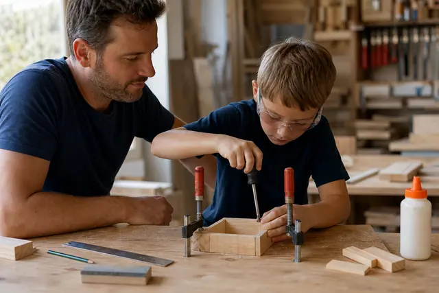 Enfant accompagné assemblant un vide-poche en bois sur un établi sécurisé.