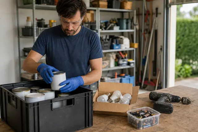 Tri sécurisé de piles, ampoules, peinture et perceuse dans un garage domestique.