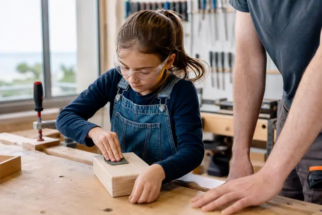 Enfant équipé de lunettes ponçant une petite boîte en bois avec un adulte.