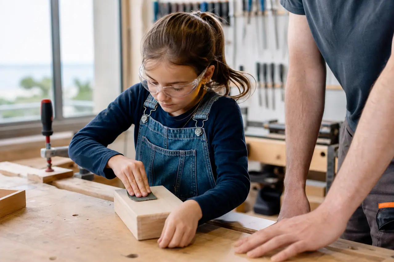 Enfant équipé de lunettes ponçant une petite boîte en bois avec un adulte.