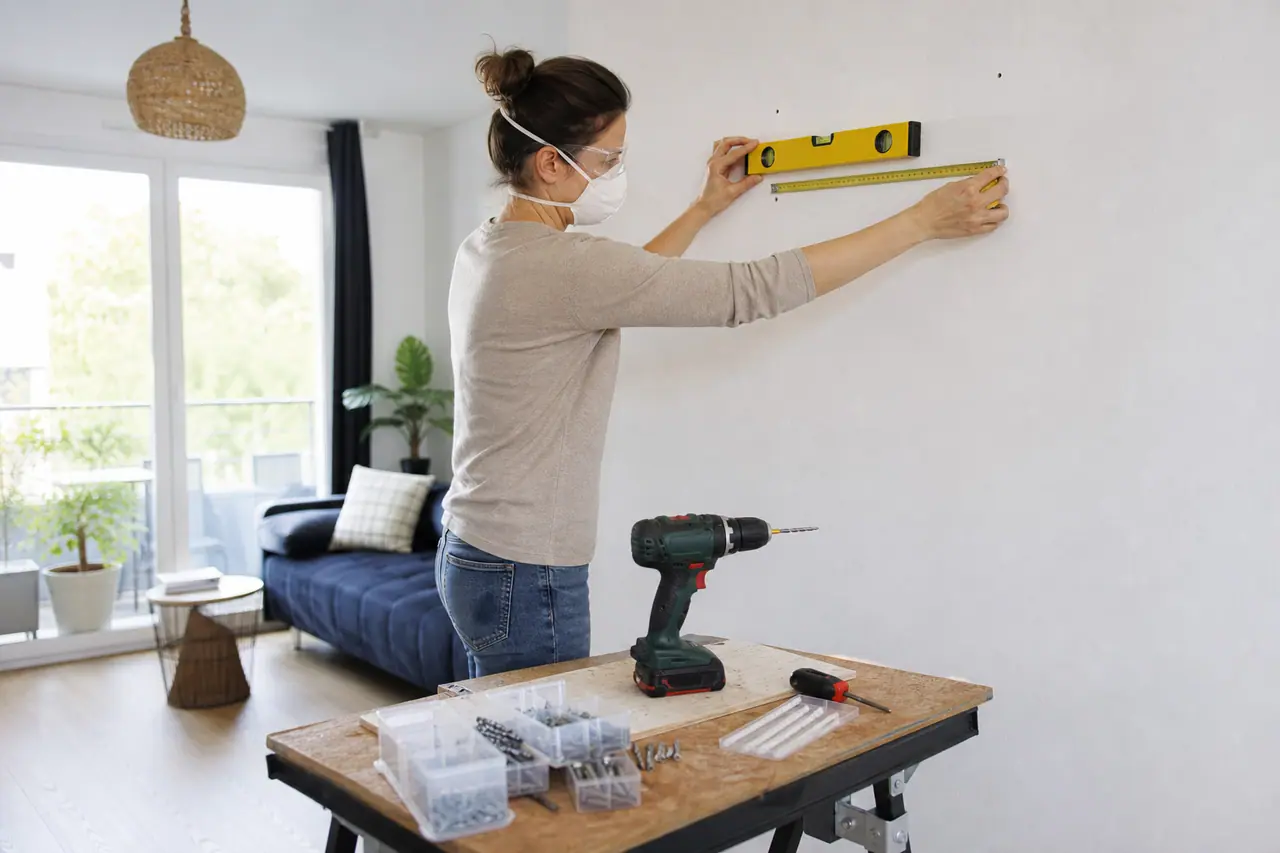 Débutante mesurant un mur avant de fixer une petite étagère.