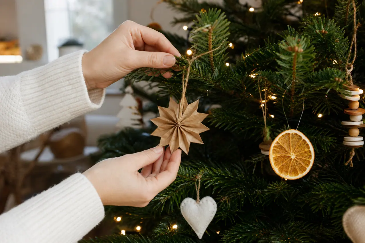 Suspensions DIY légères en papier, feutrine, bois et orange sur sapin naturel.