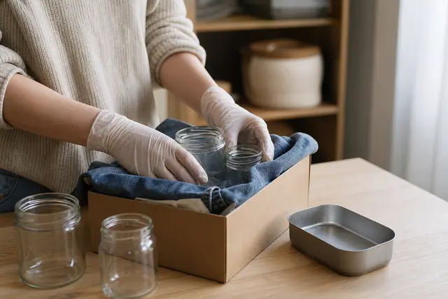 Bocaux, carton et tissu récupérés transformés en rangements sur une table.