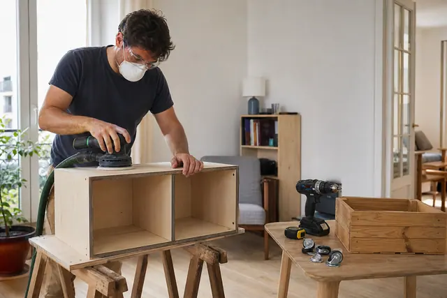 Personne ponçant un caisson en contreplaqué sur tréteaux dans un intérieur lumineux.