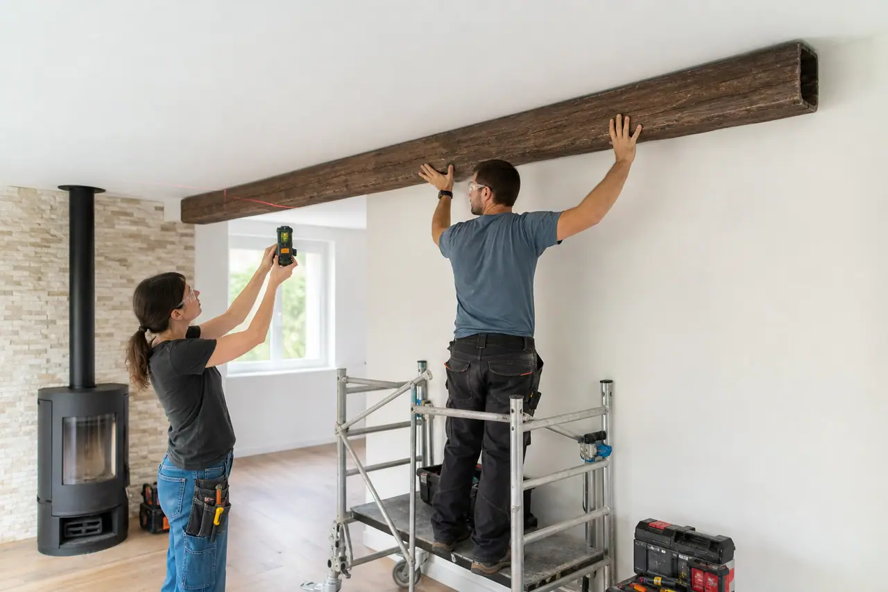 Deux bricoleurs alignent une fausse poutre en polyuréthane sur un plafond blanc.