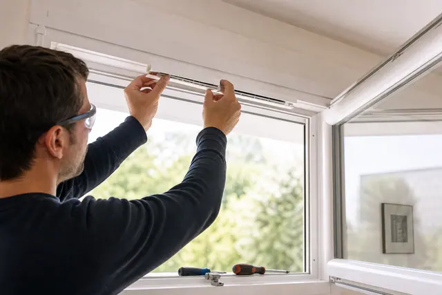 Pose d’une entrée d’air sur une fenêtre PVC déjà usinée.
