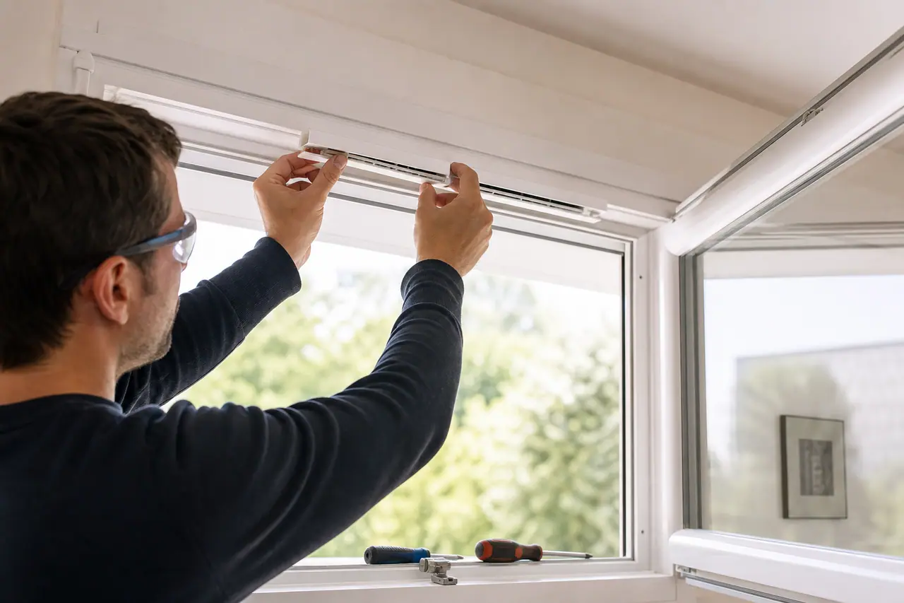 Pose d’une entrée d’air sur une fenêtre PVC déjà usinée.