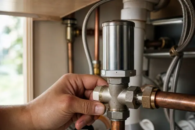 Petit anti-bélier métallique vissé sur un raccord en T sous un évier