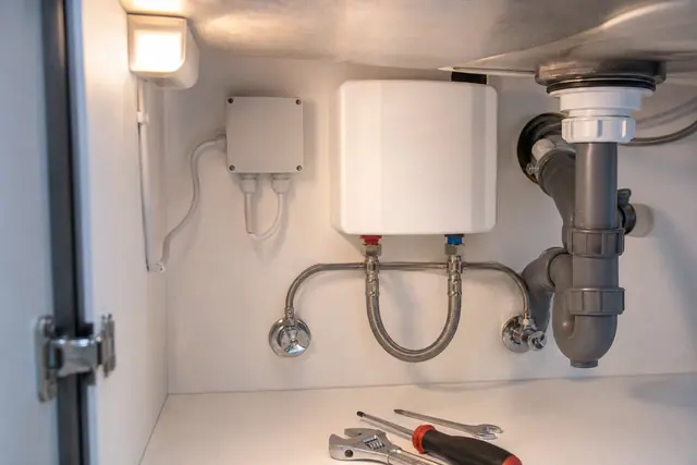 Petit chauffe-eau électrique instantané blanc fixé au mur sous un évier de cuisine