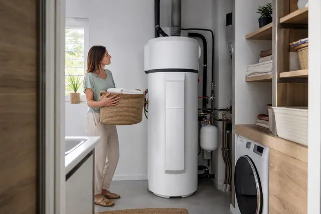 Chauffe-eau thermodynamique blanc installé dans une buanderie avec tuyauterie visible