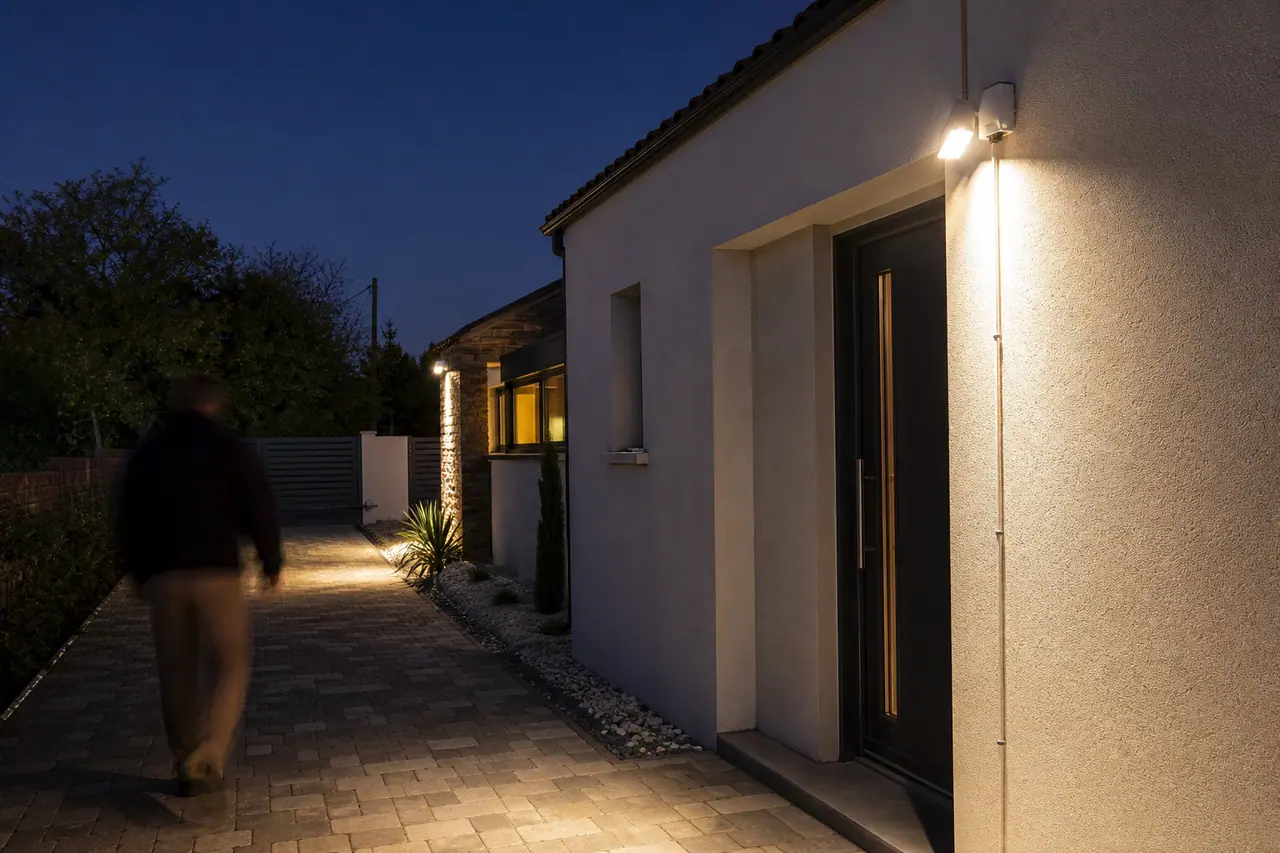 Détecteur de mouvement avec projecteur LED fixé sur une façade éclairant une allée le soir