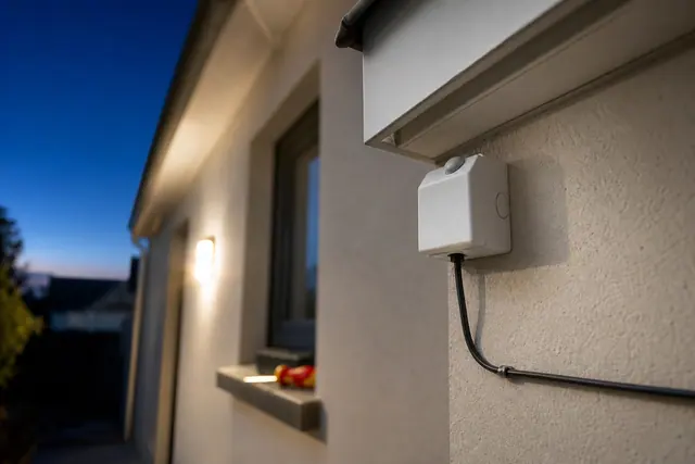 Interrupteur crépusculaire avec cellule photosensible fixé sous un auvent de façade