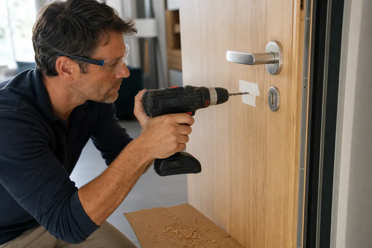 Perçage précis d’une porte d’entrée en bois pour poser un judas
