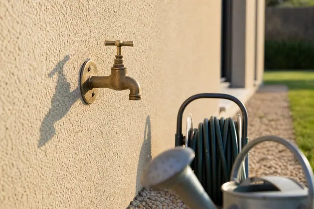 Robinet de puisage en laiton fixé sur une façade enduite, tuyau d’arrosage enroulé au sol