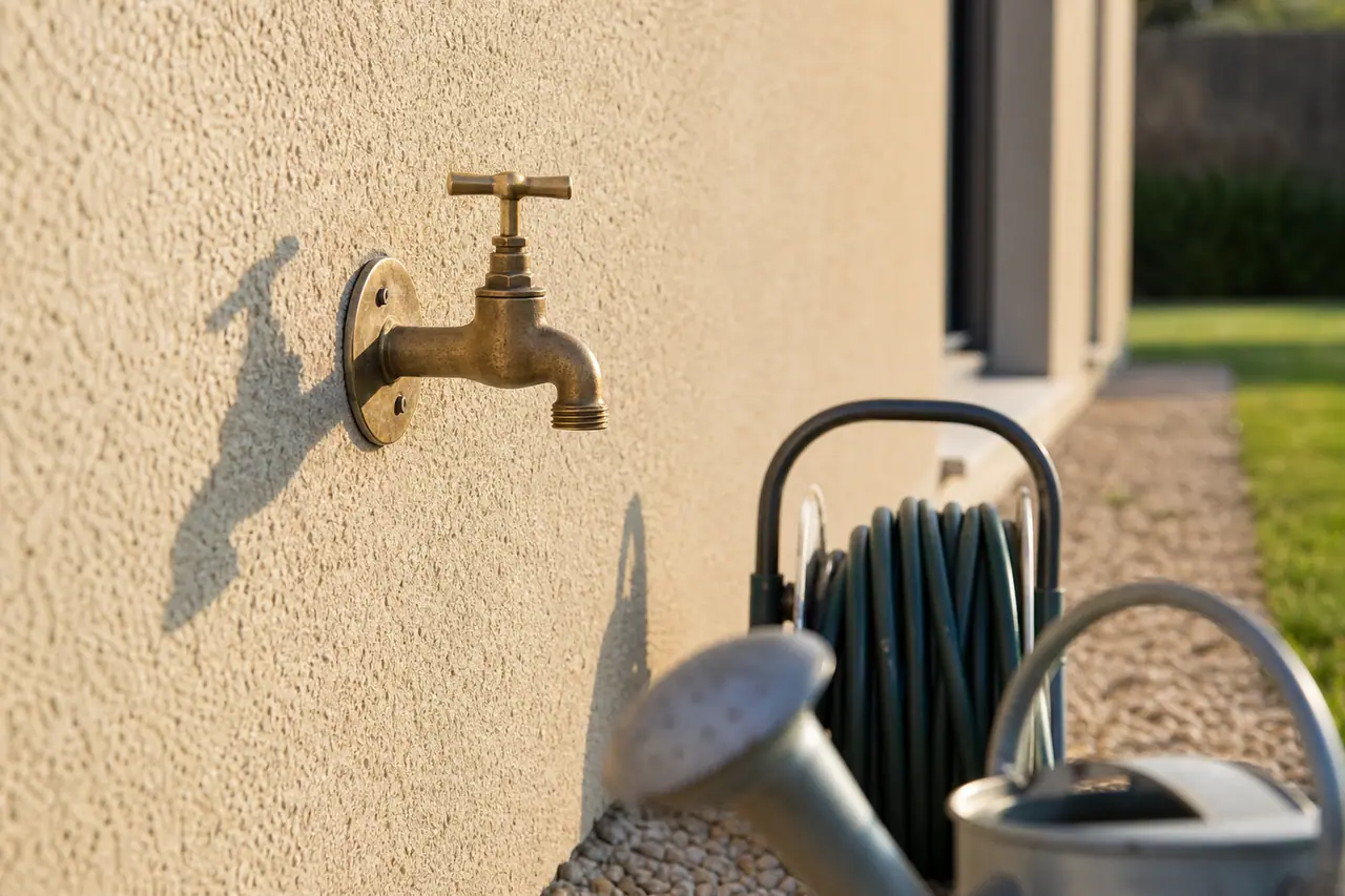 Robinet de puisage en laiton fixé sur une façade enduite, tuyau d’arrosage enroulé au sol