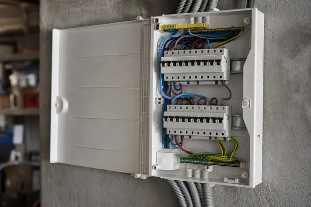 Tableau électrique divisionnaire blanc avec rangée de disjoncteurs dans un garage