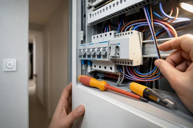 Télérupteur électrique clipsé dans un tableau avec fils raccordés vers plusieurs boutons poussoirs