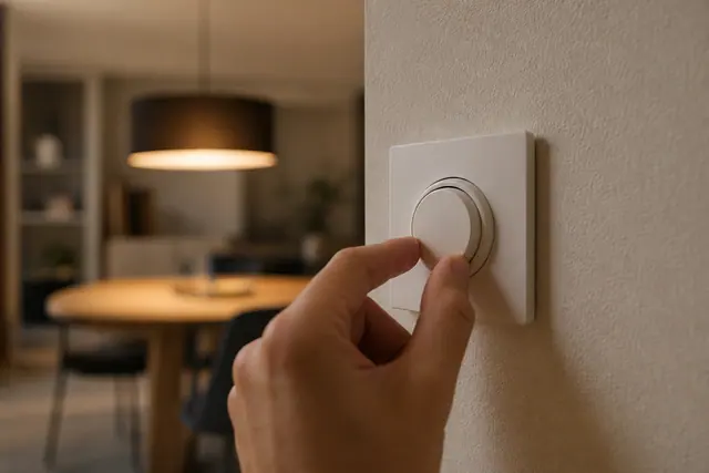 Variateur de lumière rotatif blanc encastré dans un mur avec ampoule LED en arrière-plan