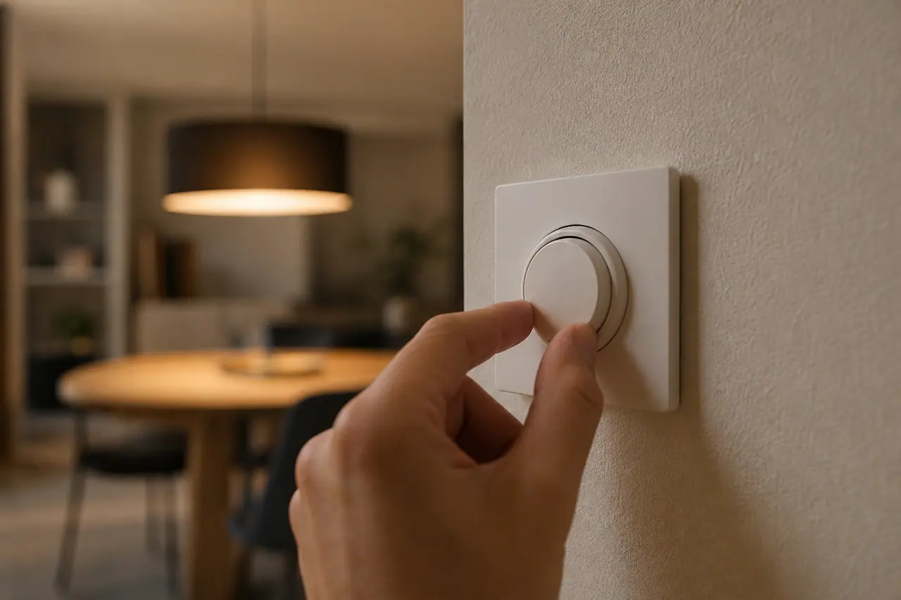 Variateur de lumière rotatif blanc encastré dans un mur avec ampoule LED en arrière-plan