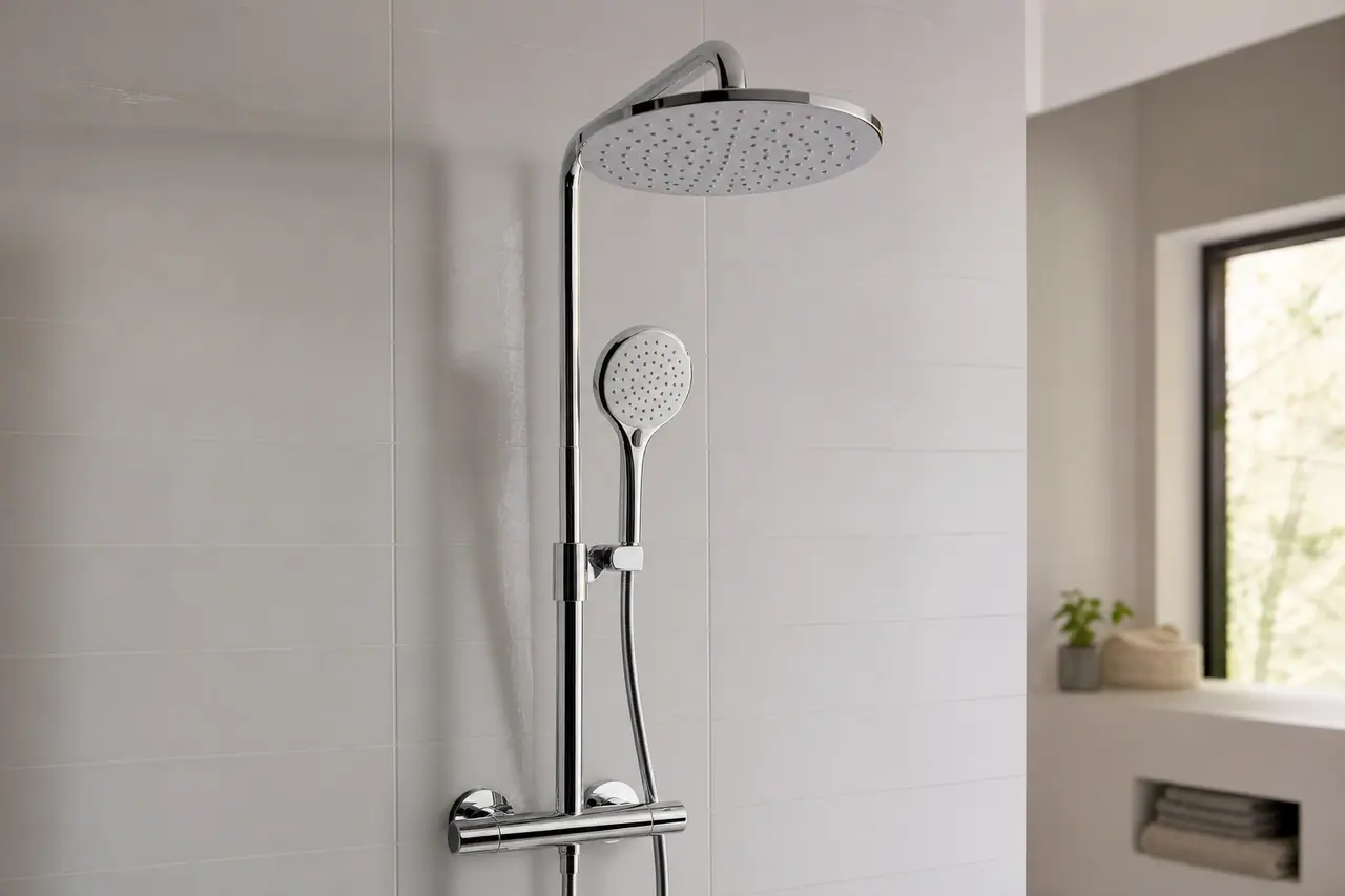 Colonne de douche moderne fixée sur un mur carrelé de salle de bain
