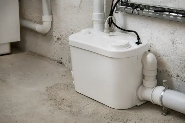 Pompe de relevage blanche installée dans un sous-sol avec tuyauterie de refoulement